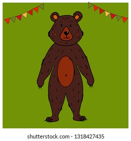 Cartoon Bear character standing on his hind legs. Shrovetide or Maslenitsa. Elements Russian national holiday. Folk tale educational cards or greeting cards. fair attributes Vector illustration