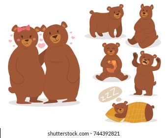 Cartoon bear character teddy pose vector set wild grizzly cute illustration adorable animal design.