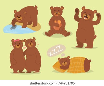 Cartoon bear character teddy pose vector set wild grizzly cute illustration adorable animal design.