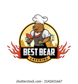 a cartoon bear chef mascot illustration cooking BBQ meat , logo design vector inspiration