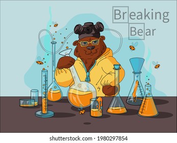 a cartoon  bear in a chemist's suit is experimenting with honey