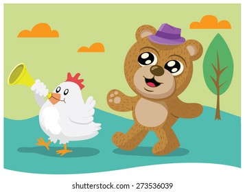 A cartoon bear and chicken are walking in single file. The chicken is playing a trumpet.