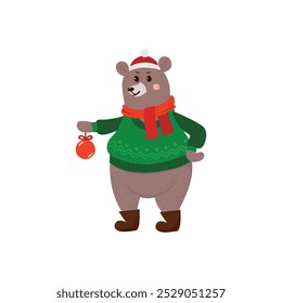 Cartoon bear in Christmas sweater and scarf holding a Christmas ornament. Flat illustration on white background. Christmas holiday concept for greeting card and poster design