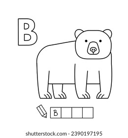 Cartoon bear coloring pages. Learning game for small children - write a word in English language. Vector alphabet for kids