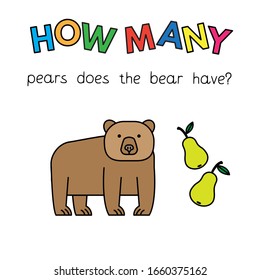 Cartoon bear counting game. Vector illustration for children education. How many pears does the bear have