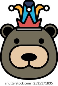 A cartoon bear with a crown on its head. The bear is wearing a red, blue, and yellow hat