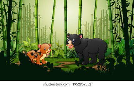 Cartoon a bear and cub in bamboo forest