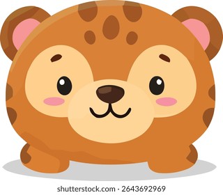 Um filhote de urso de desenho animado com manchas marrons, bochechas rosadas e uma cabeça grande. O urso tem um design bonito, simplificado e uma expressão amigável.