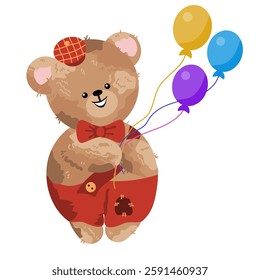 A cartoon bear cub in a cap and pants with a patch holds balloons.