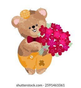 
A cartoon bear cub in a cap and pants with a patch holds a bouquet of red flowers.