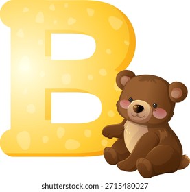 Cartoon bear cub sitting next to bright yellow letter B, playful vector illustration style