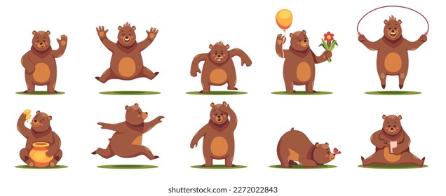 Cartoon bear. Cute friendly wildlife animals in different poses and situations, fluffy grizzly mascots, funny adorable zoo mammal characters. Vector set of cute bear wildlife illustration