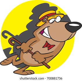 Cartoon bear dancing with a cane and hat on stage