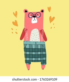 cartoon bear, decor elements on a neutral background. colorful vector illustration for kids, flat style. baby design for cards, print, posters, logo, cover