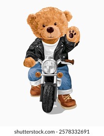 cartoon bear doll in leather jacket riding motorcycle vector illustration