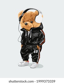 cartoon bear doll in sport track suit and headphone vector illustration