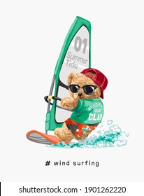 cartoon bear doll in sunglasses wind surfing illustration
