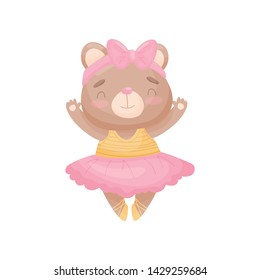 Cartoon bear in the dress of a ballerina. Vector illustration on white background.