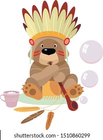 cartoon bear dressed as an Indian blows bubbles from the tube of peace