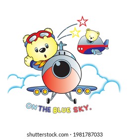 cartoon bear driving an airplane - vector illustration