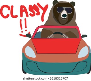 Cartoon Bear Driving Car with Classy Text – Fun Vector Art for T-Shirts and Wall Decor