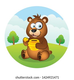 Cartoon Bear eating honey in the forest