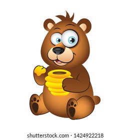 Cartoon Bear eating honey with its paws isolated