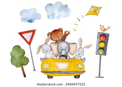 Oso de caricatura, elefante y conejito en coche amarillo con pintura de color de las aves y cometas. Transporte de automóviles con animales lindos, semáforos y árboles acuarelle ilustración de viaje