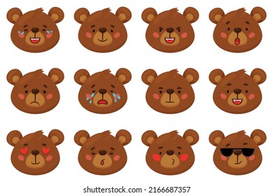 Cartoon bear emoji. Funny animal emotions, brown grizzly faces, different moods, heads expressions, wilde forest mammal, smile and crying, angry and happy, comic stickers, recent vector set