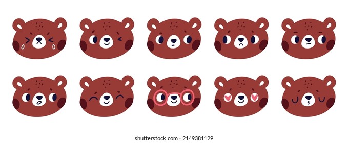 Cartoon bear emoji stickers. Funny animals character. Brown teddy head. Different emotions. Forest inhabitant. Wild creatures face. Positive or negative mood. Vector