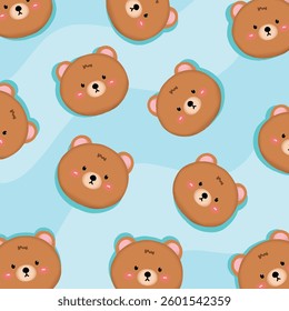 Cartoon bear faces seamless pattern hand drawn design on blue wavy background.