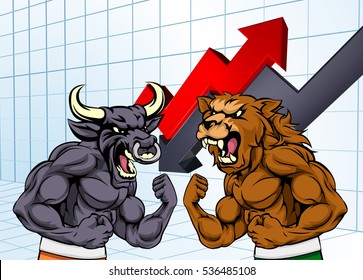 A cartoon bear fighting a bull mascot characters in front of a stock market or profit graph financial concept