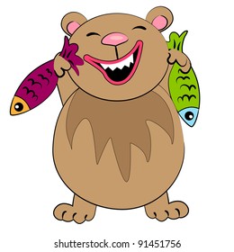 cartoon bear with fish isolated character. vector animal on white background illustration