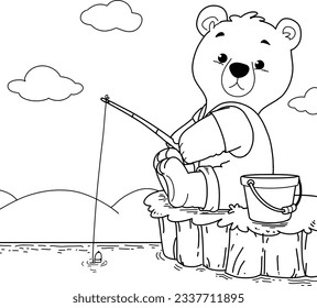 Cartoon bear fishing isolated on white background.