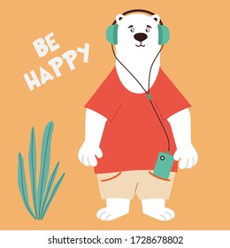 Cartoon bear in a flat style listens to music. Funny children vector illustration. Can be used as an element for cards, banners, posters.