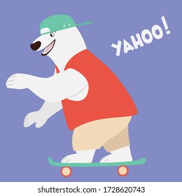 Oso de caricatura con un estilo plano en una patineta. Graciosa ilustración vectorial infantil. Se puede usar como elemento para tarjetas, carteles, afiches.