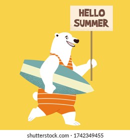 Cartoon Bär im flachen Stil mit Surfbrett. Funny Vektor Illustration. Kann als Element für Karten, Banner, Poster verwendet werden.