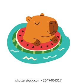 Um urso de desenho animado está flutuando em uma balsa d'água com uma fatia de melancia. O urso está sorrindo e ele está aproveitando a viagem