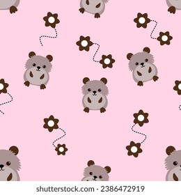 cartoon bear and flowers in pink background