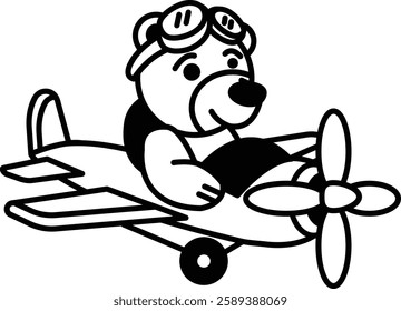 A cartoon bear is flying a airplane