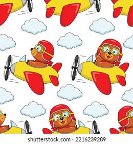 Cartoon bear flying by plane seamless pattern design 