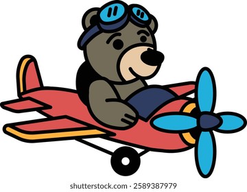 A cartoon bear is flying a red airplane. The bear is wearing goggles and a pilot's hat