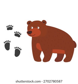 Urso de Desenho Animado com pegadas.
Ilustração de vetor infantil