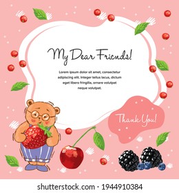 Cartoon bear with a frame for the text, berries around, hand-drawn.