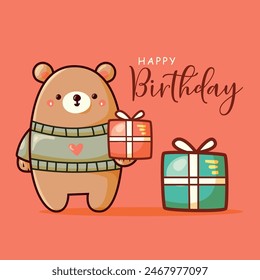 Cartoon bear with a giftbox and happy birthday message, ideal for birthday cards, invitations, and social media posts. Festive and cheerful design.