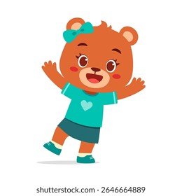 Cartoon bear girl waving hands wearing skirt and shirt with bow in the head smiling cheerfully
