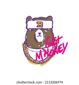 Cartoon bear with a gold chain around his neck with the inscription: get honey. Hand drawn vector illustration for t-shirt and print design