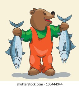 Cartoon a bear - a grizzly in orange overalls with two big fishes in paws