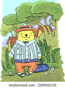 Cartoon bear with hand bag,  trees in background. Kids art. Vector illustration. Kindergarten poster.