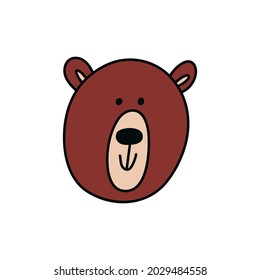 Cartoon bear head. Cute smiling brown bear. Vector stock illustration of a kind animal head isolated on white background.